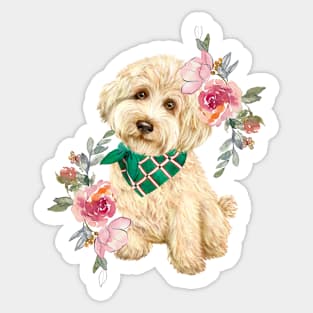 Cute Gold Labradoodle Puppy Dog with Flowers Watercolor Art Sticker